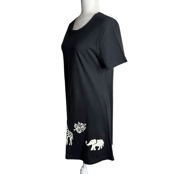Vintage 90s Coconut Bay Black Petite Medium TShirt Dress Animal Stamped Painted - Picture 3 of 7